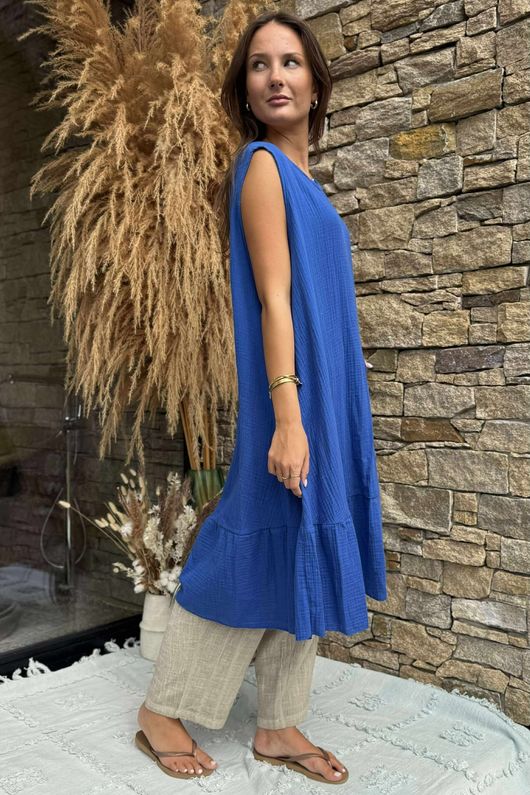 Made in Italy Pia Pillow Cotton Patch Pocket Peplum Dress Mediterranean Blue /58 